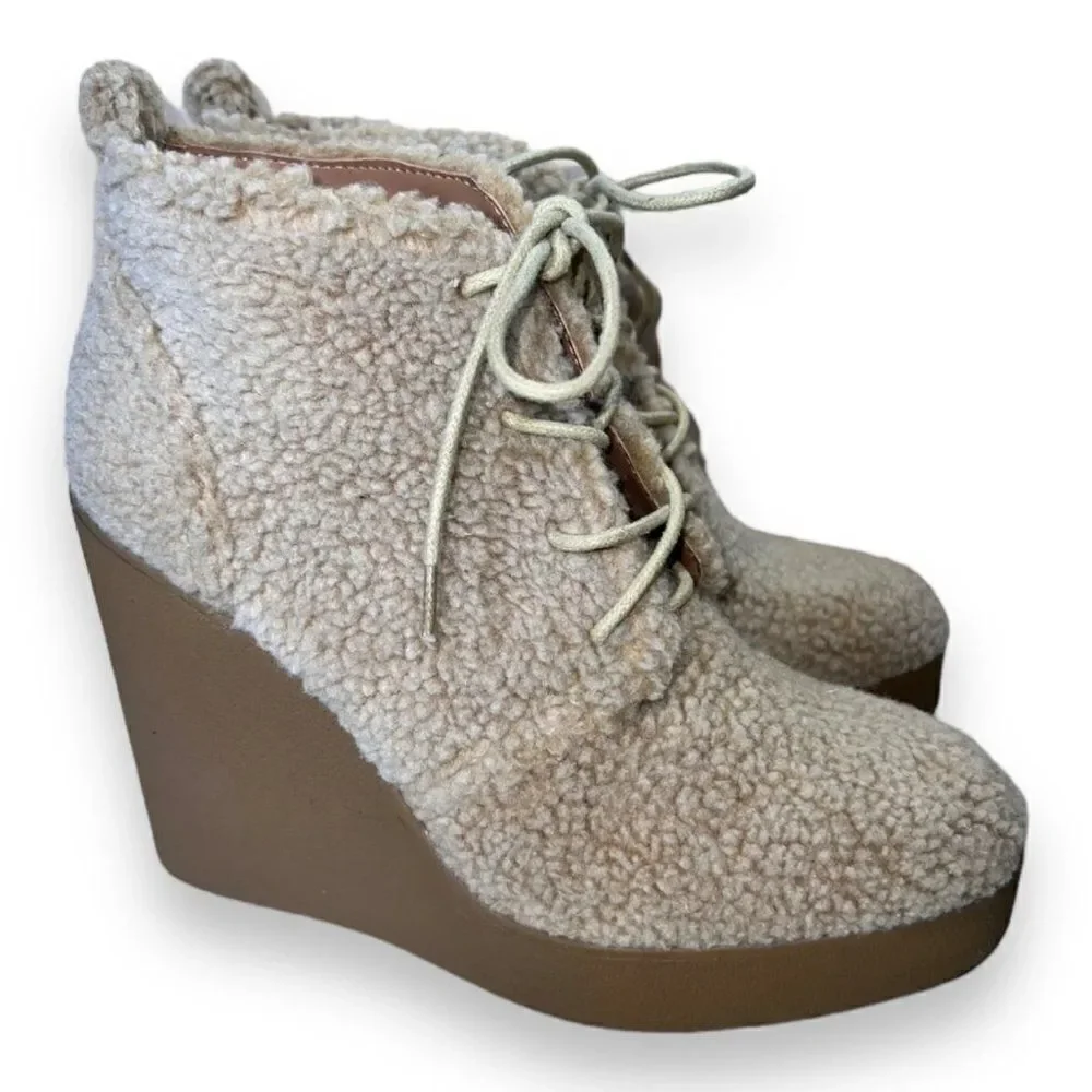Jessica Simpson Mesila Faux Shearling Lace-up Wedge‎ Booties Women's 8.5 M